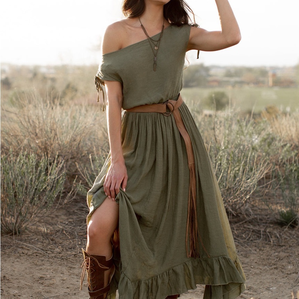 Joyfolie Olive Green Off-Shoulder Dress